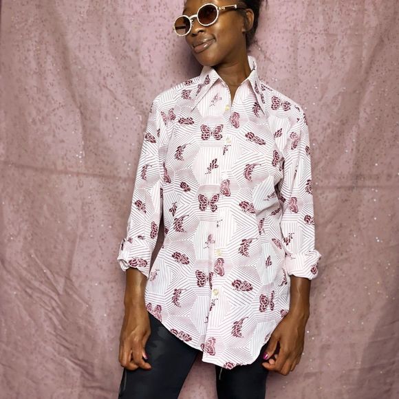 Other - Mens vintage retro butterfly button up shirt size 16 medium burgundy and white